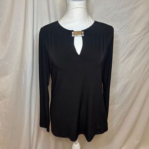 Michael Kors MK Black Long Sleeve Top Blouse Split Neck Womens